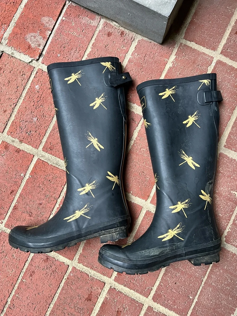 Joules Women’s Welly Black Rain boots with Gold Dragonflies size 9